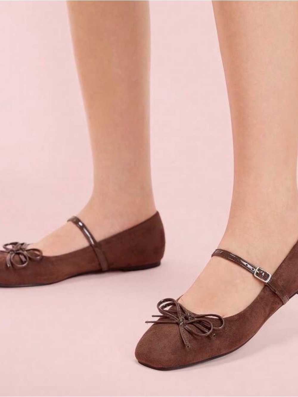 SHEIN Brown Suede Mary Jane Flats with Bow and Ankle Strap